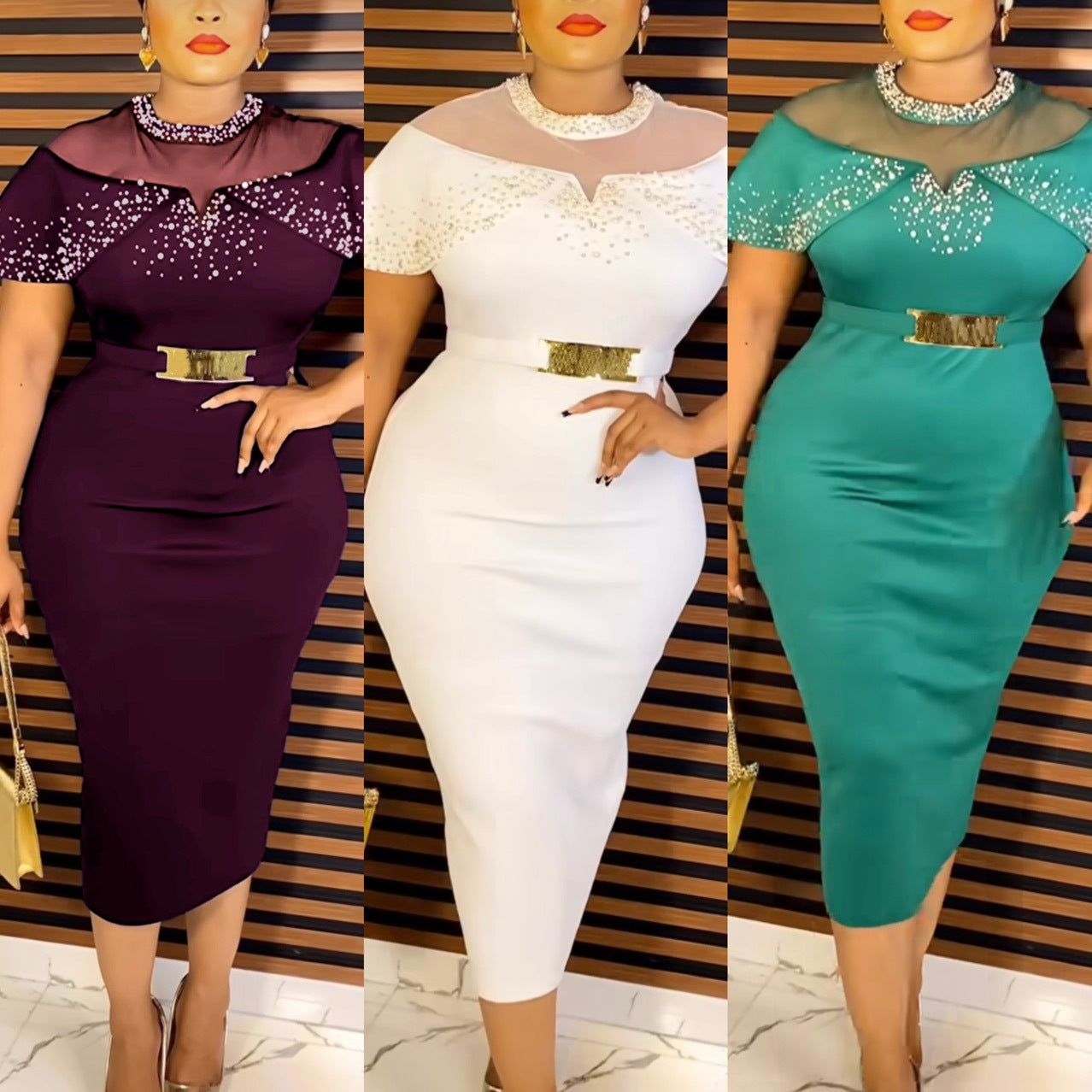 LADIES PLUS SIZE SHORT SLEEVE DRESS WHITE / PURPLE WINE RED / GREEN (SIZE M - 2XL)