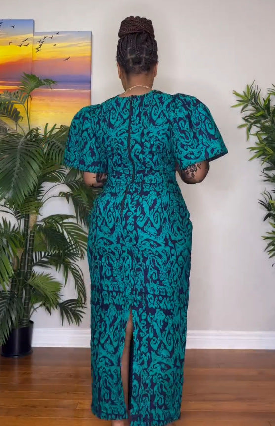 LADIES PLUS SIZE PRINTED DRESS BLUE (SIZE L - 3XL)
