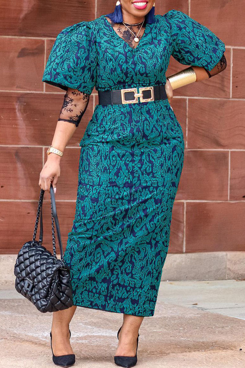 LADIES PLUS SIZE PRINTED DRESS BLUE (SIZE L - 3XL)