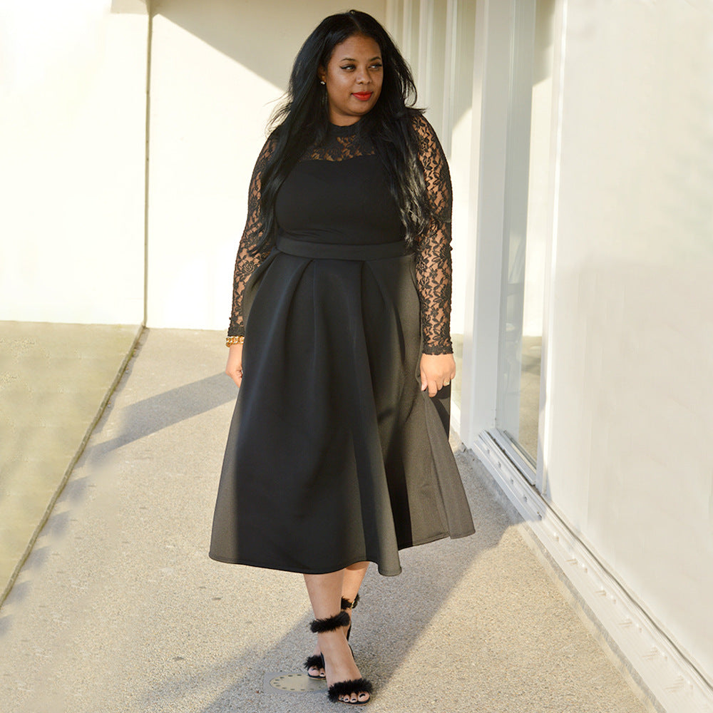 LADIES PLUS SIZE LACE SLEEVE DRESS BLACK (SIZE XL - 5XL)