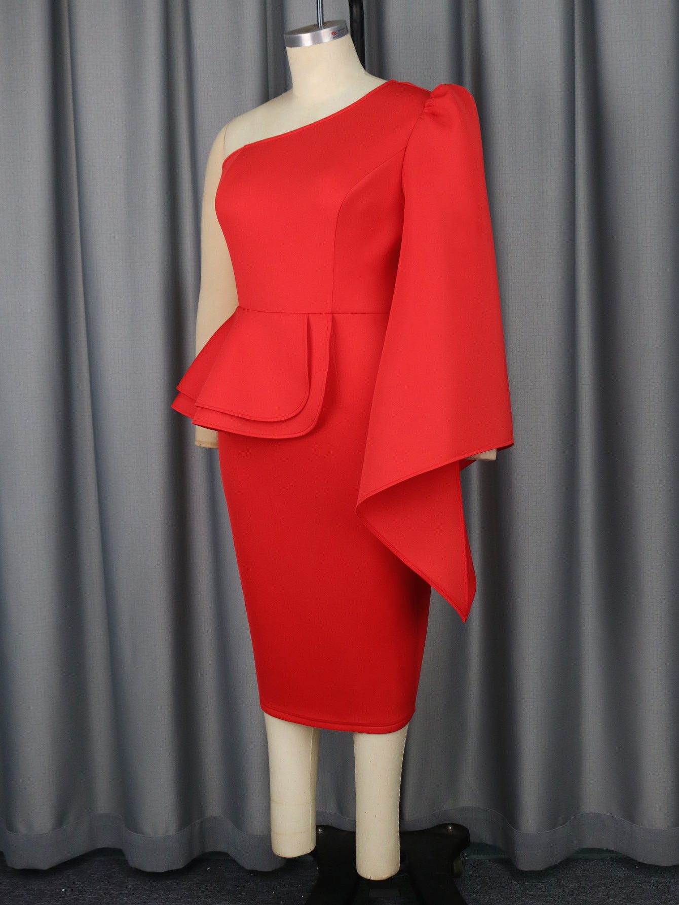 LADIES PLUS SIZE ONE SLEEVE DRESS RED (SIZE S - 4XL)