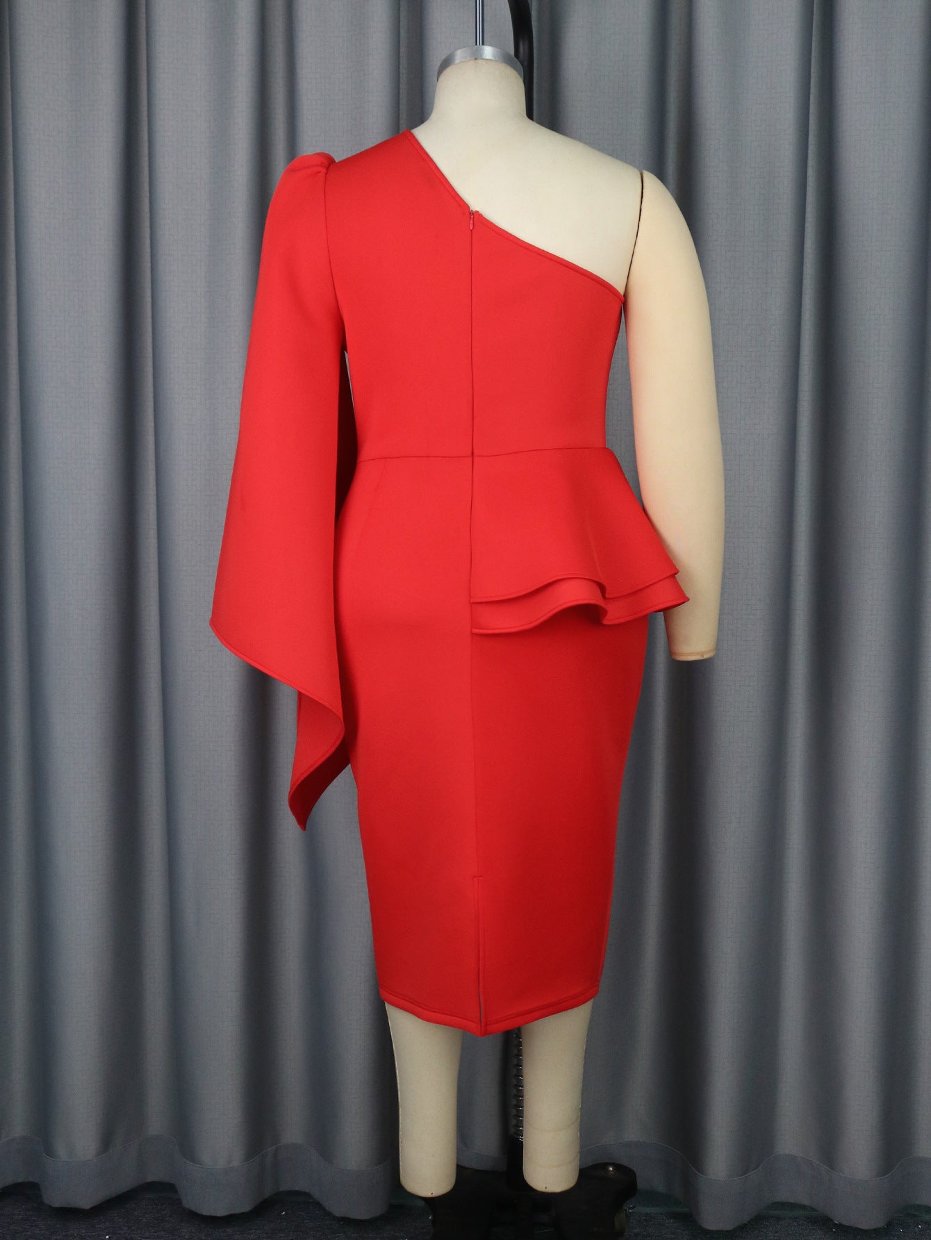 LADIES PLUS SIZE ONE SLEEVE DRESS RED (SIZE S - 4XL)