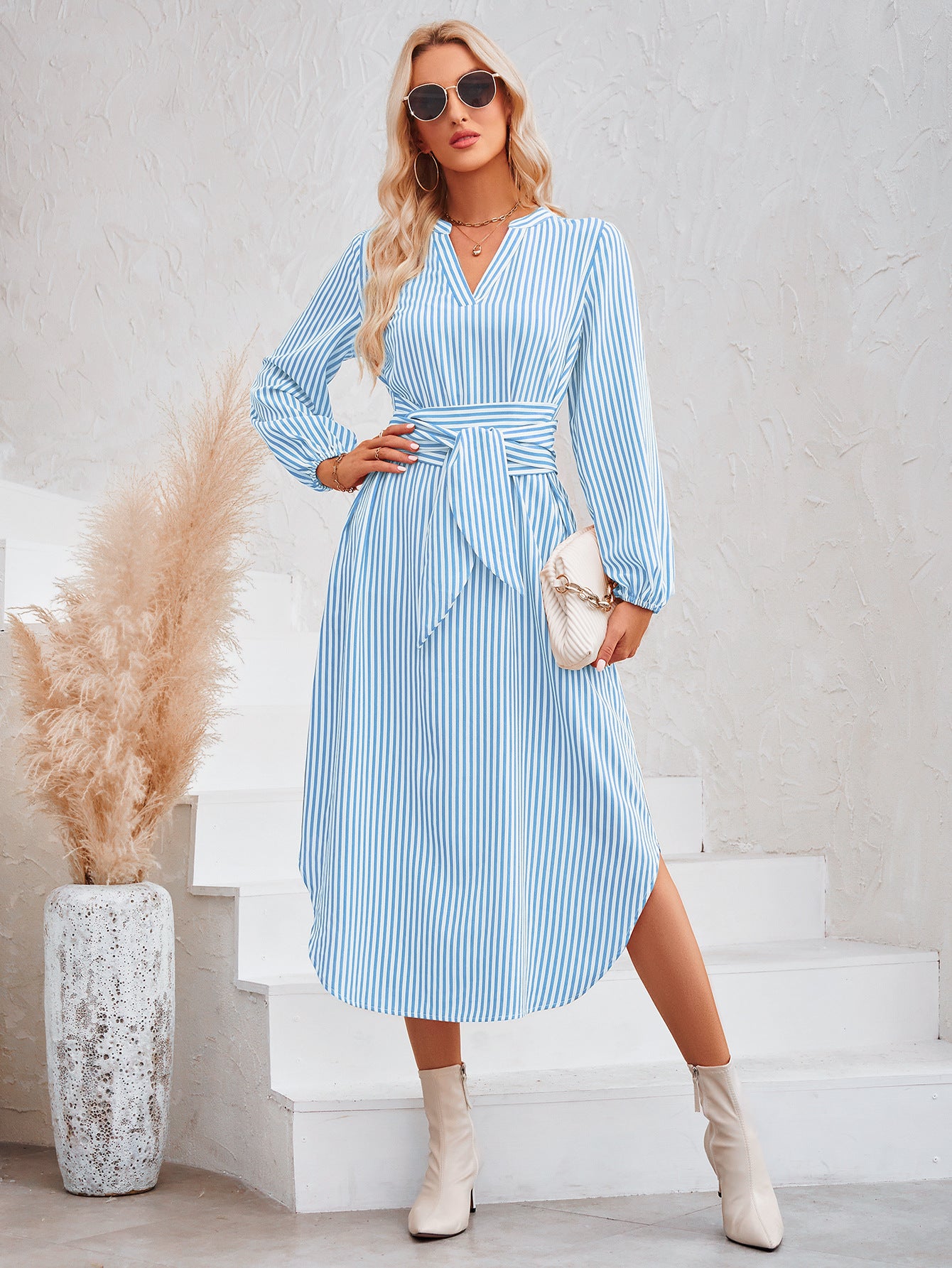 LADIES LONG SLEEVE DRESS BLUE / YELLOW / COFFEE (SIZE S - XL)