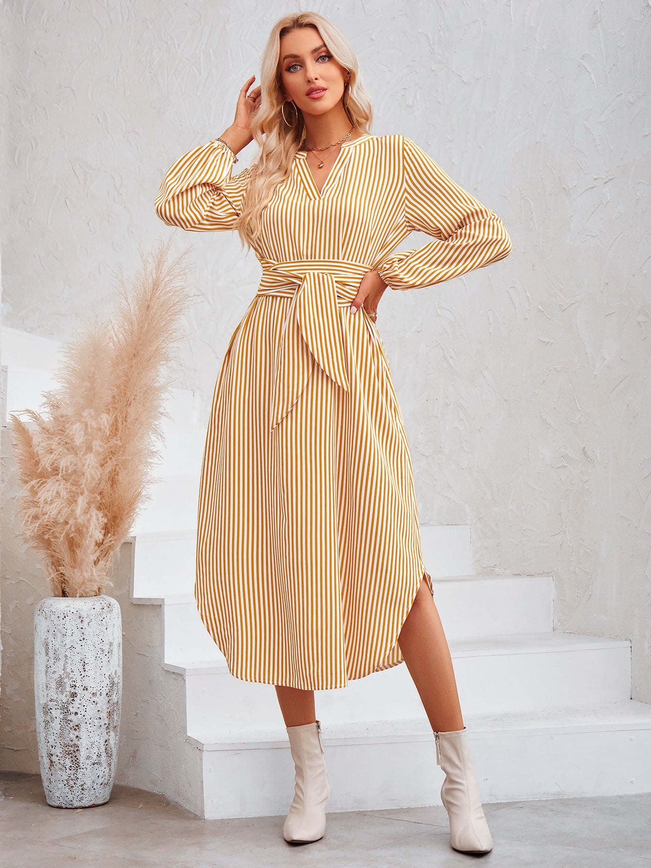 LADIES LONG SLEEVE DRESS BLUE / YELLOW / COFFEE (SIZE S - XL)
