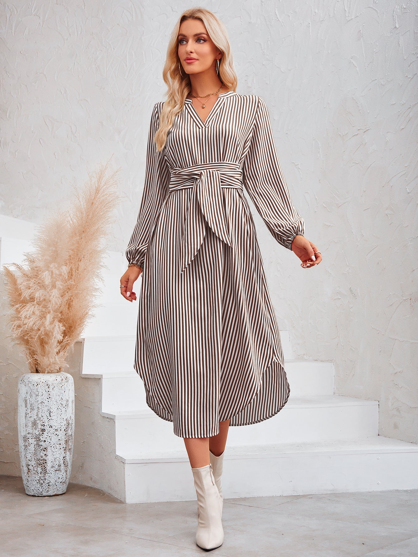LADIES LONG SLEEVE DRESS BLUE / YELLOW / COFFEE (SIZE S - XL)