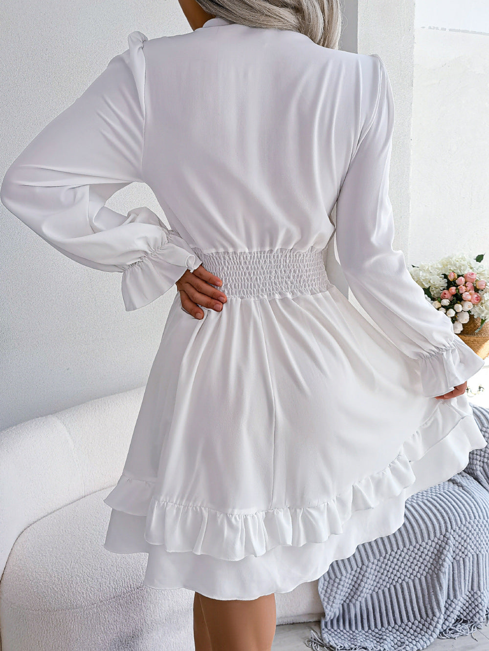 LADIES LONG SLEEVE DRESS WHITE / PINK / LIGHT BLUE (SIZE S / M / L / XL