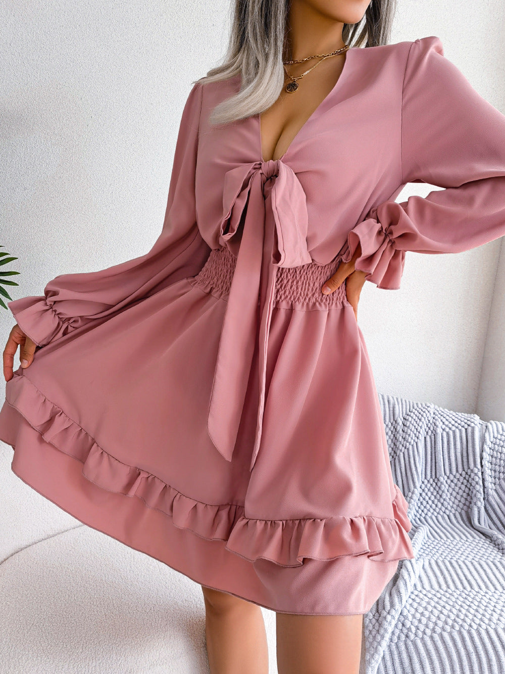 LADIES LONG SLEEVE DRESS WHITE / PINK / LIGHT BLUE (SIZE S / M / L / XL