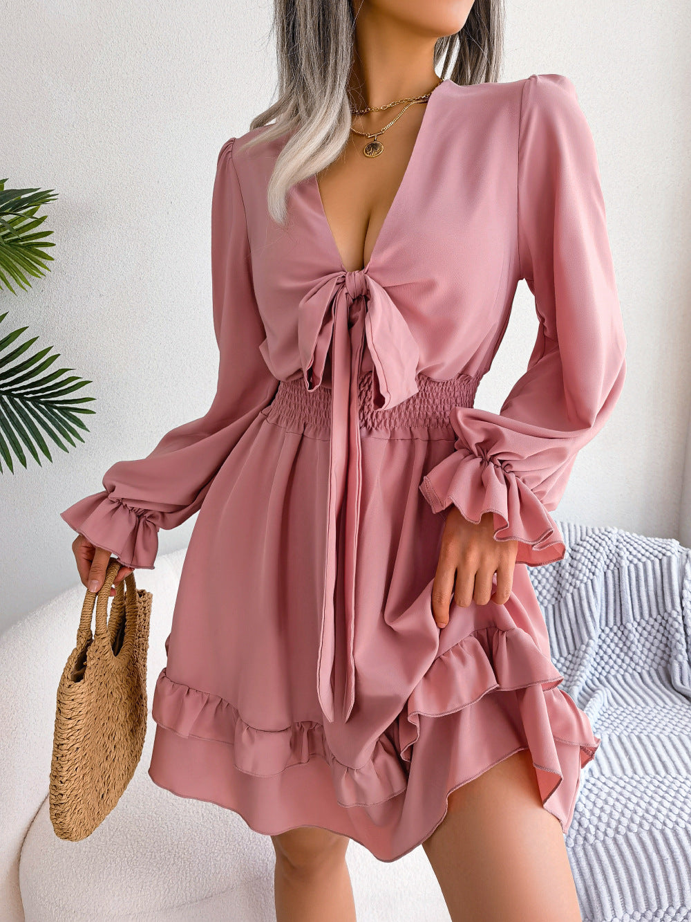 LADIES LONG SLEEVE DRESS WHITE / PINK / LIGHT BLUE (SIZE S / M / L / XL