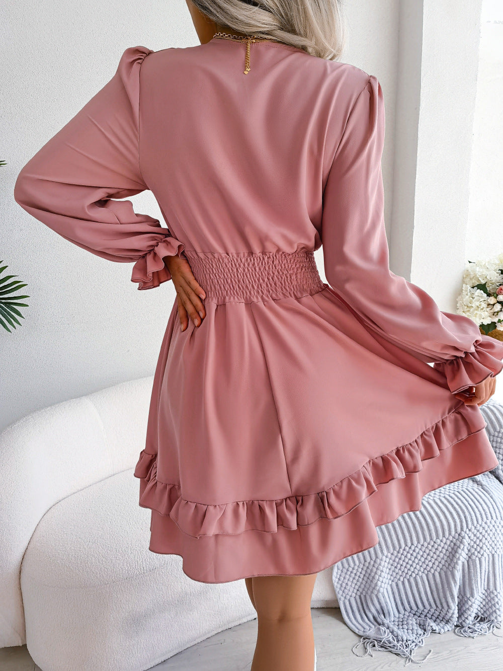 LADIES LONG SLEEVE DRESS WHITE / PINK / LIGHT BLUE (SIZE S / M / L / XL