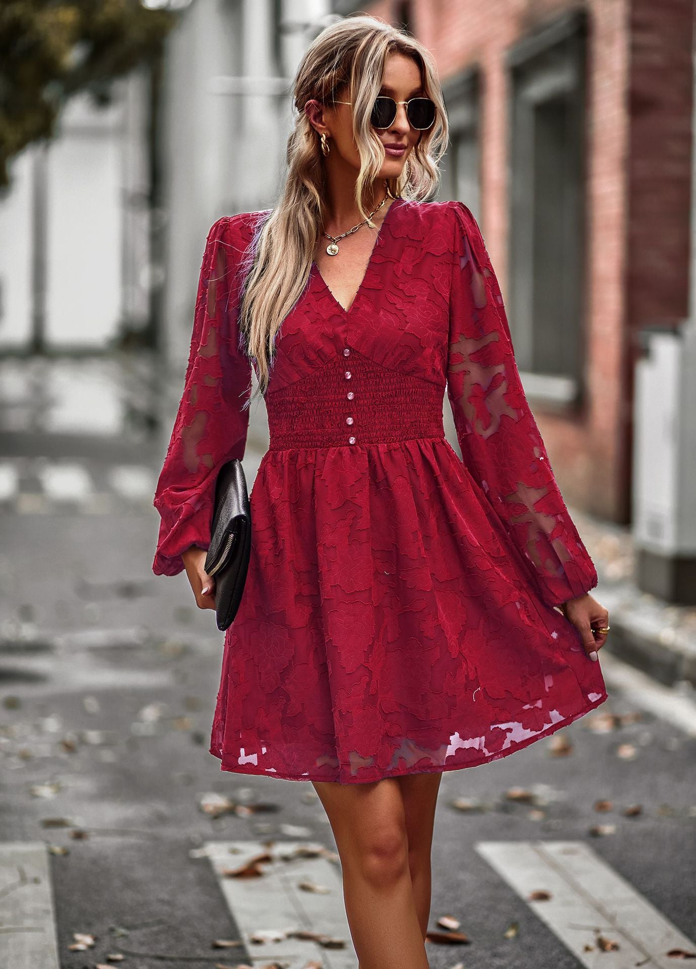LADIES LONG SLEEVE DRESS DARK BLUE / WINE RED / GREEN / APRICOT (SIZE S - XL)