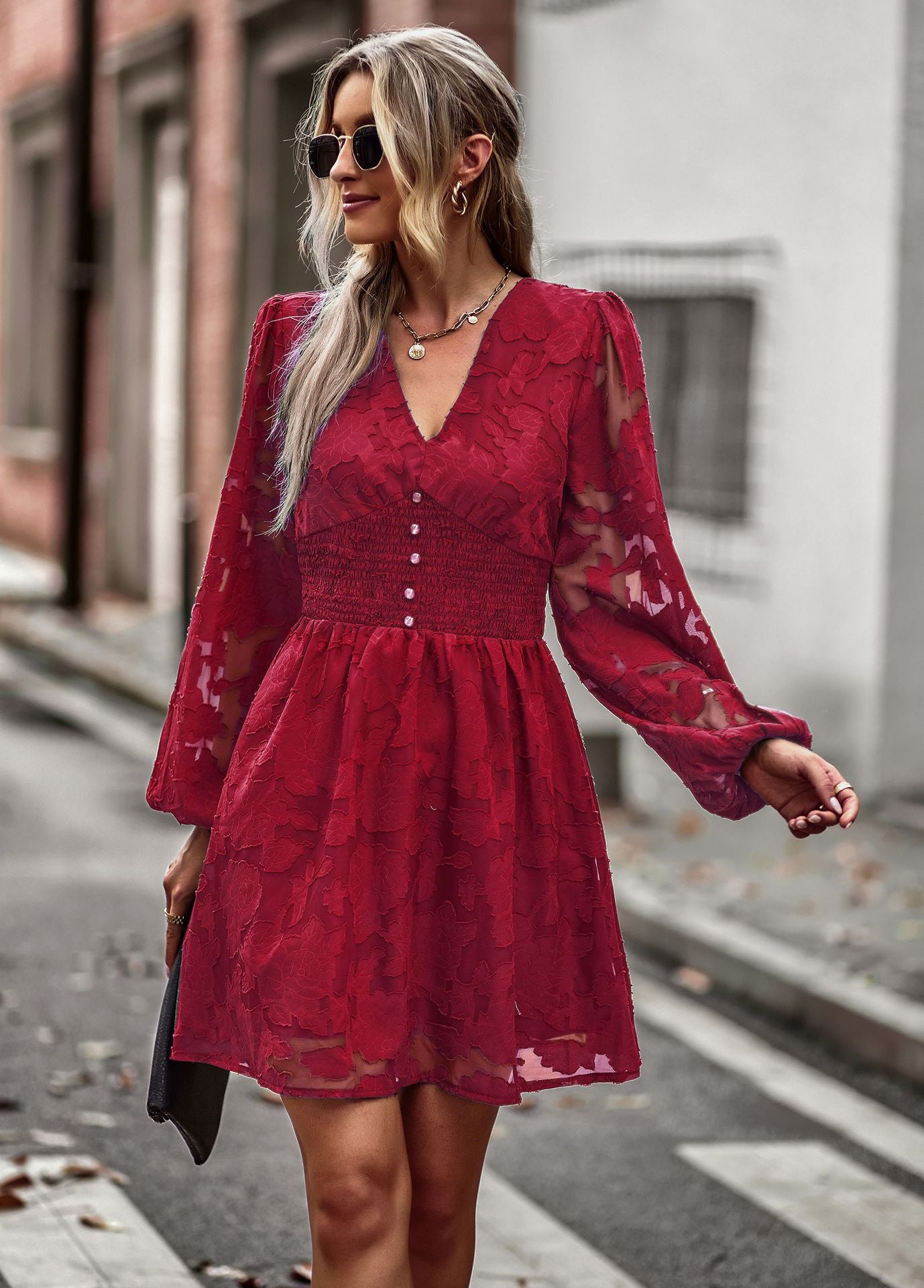 LADIES LONG SLEEVE DRESS DARK BLUE / WINE RED / GREEN / APRICOT (SIZE S - XL)
