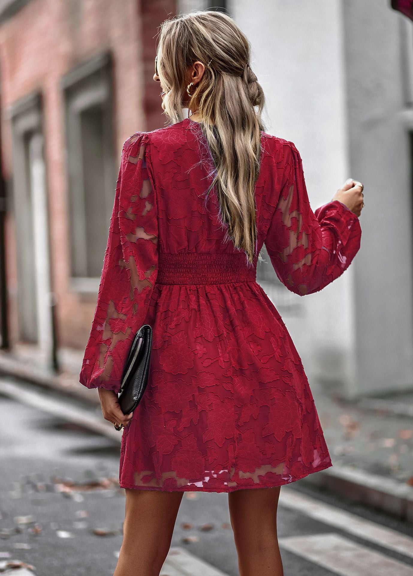 LADIES LONG SLEEVE DRESS DARK BLUE / WINE RED / GREEN / APRICOT (SIZE S - XL)