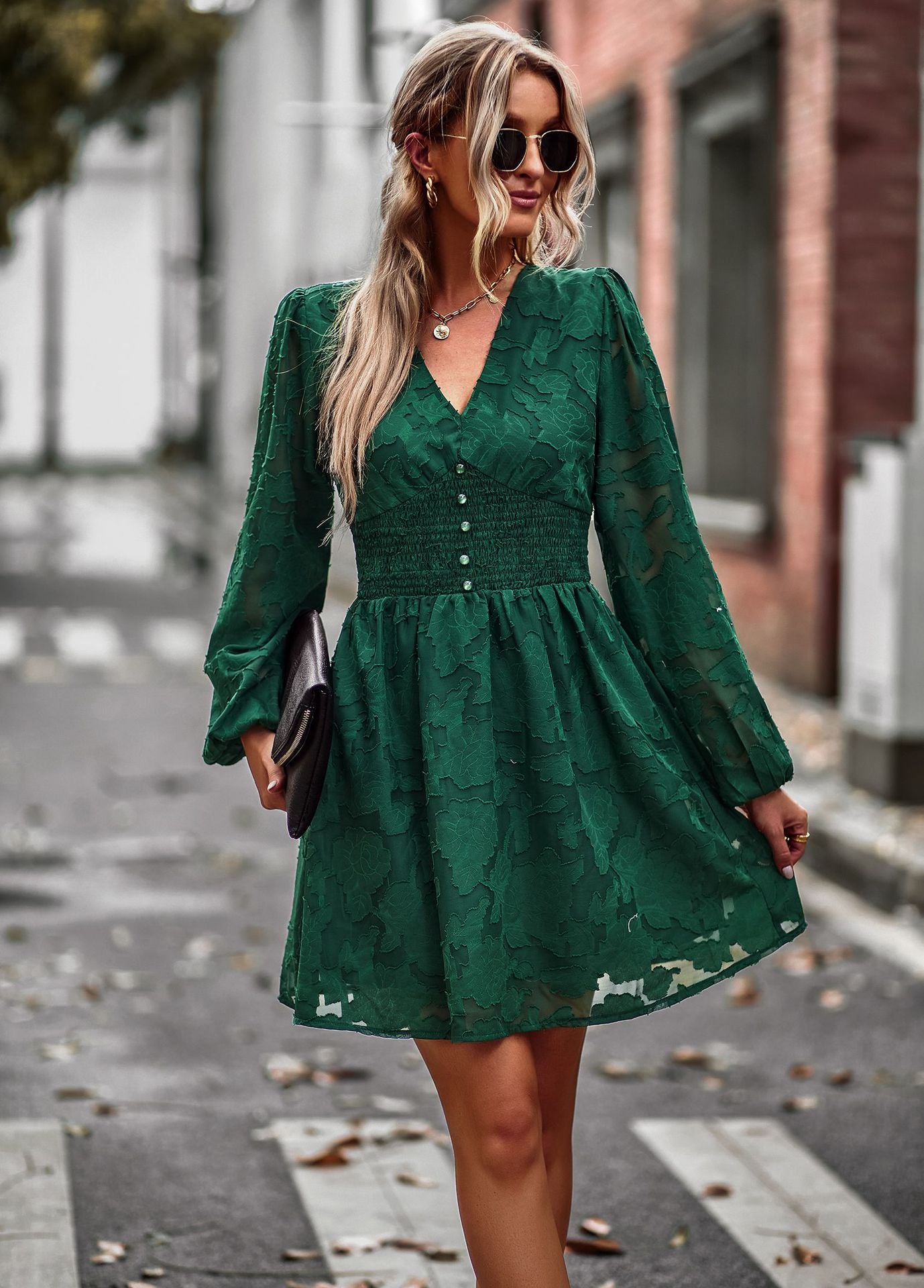 LADIES LONG SLEEVE DRESS DARK BLUE / WINE RED / GREEN / APRICOT (SIZE S - XL)