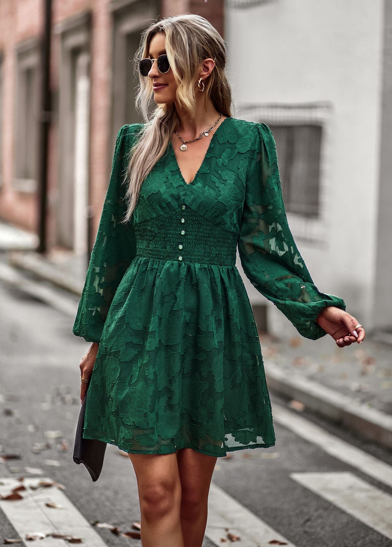 LADIES LONG SLEEVE DRESS DARK BLUE / WINE RED / GREEN / APRICOT (SIZE S - XL)