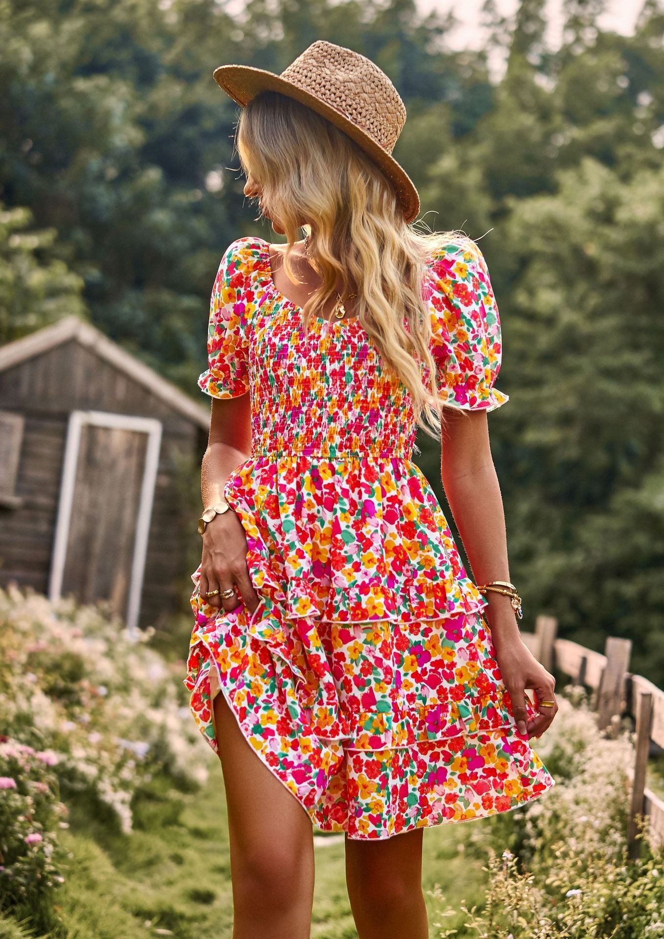 LADIES SHORT SLEEVE DRESS BLUE MULTI / PINK MULTI / YELLOW MULTI / NAVY BLUE MULTI (SIZE S - XL)