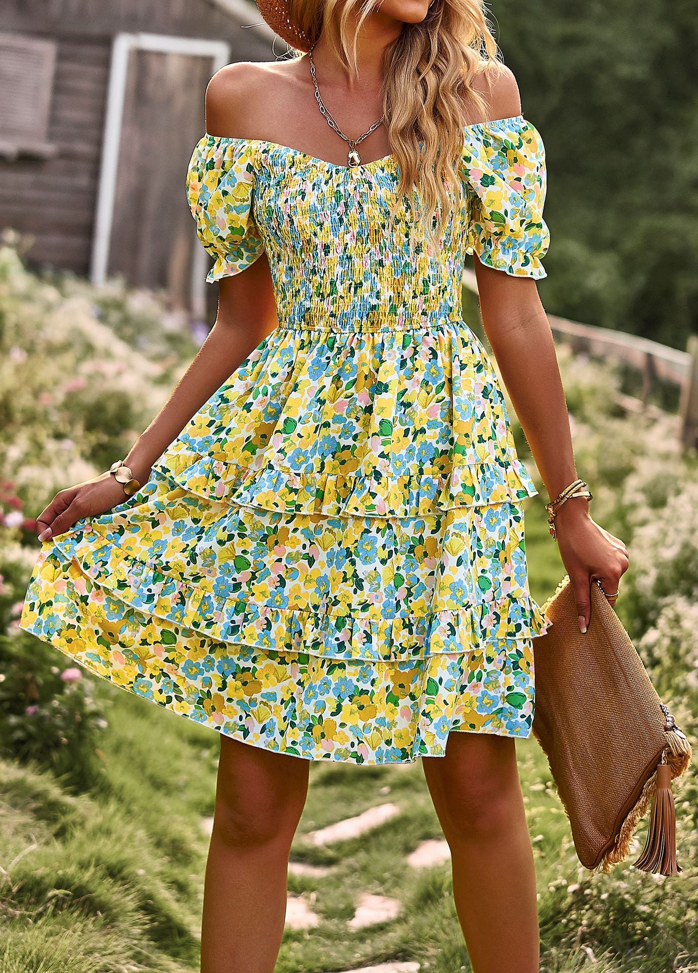 LADIES SHORT SLEEVE DRESS BLUE MULTI / PINK MULTI / YELLOW MULTI / NAVY BLUE MULTI (SIZE S - XL)