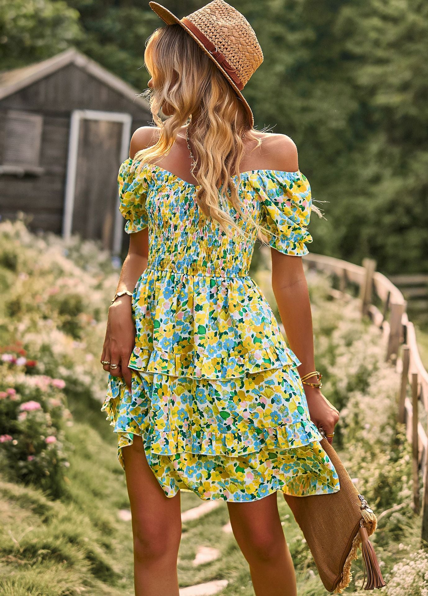 LADIES SHORT SLEEVE DRESS BLUE MULTI / PINK MULTI / YELLOW MULTI / NAVY BLUE MULTI (SIZE S - XL)