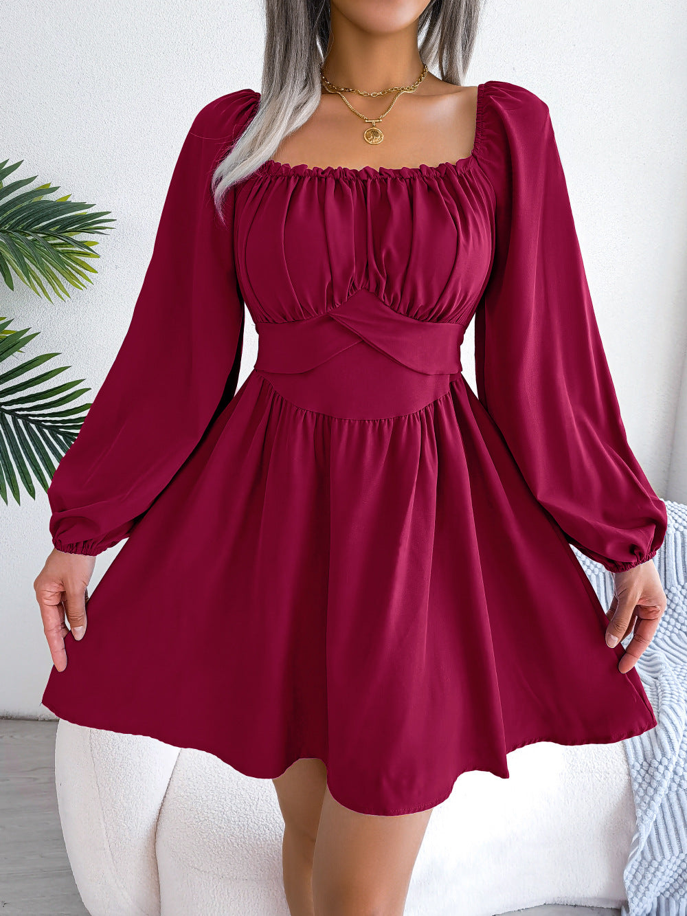LADIES LONG SLEEVE DRESS WHITE / WINE RED / BLUE (SIZE S - XL)
