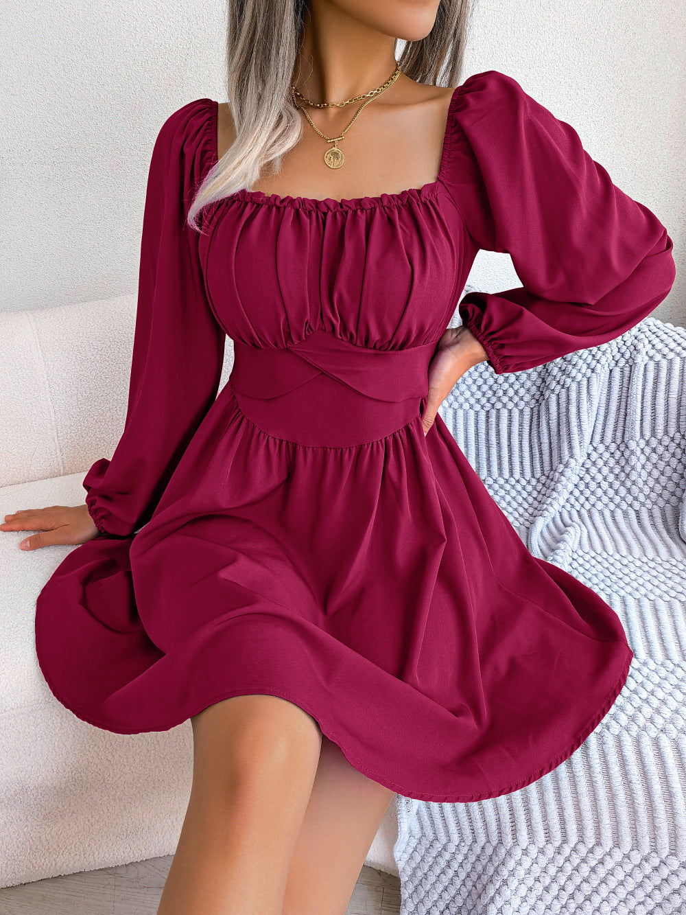 LADIES LONG SLEEVE DRESS WHITE / WINE RED / BLUE (SIZE S - XL)
