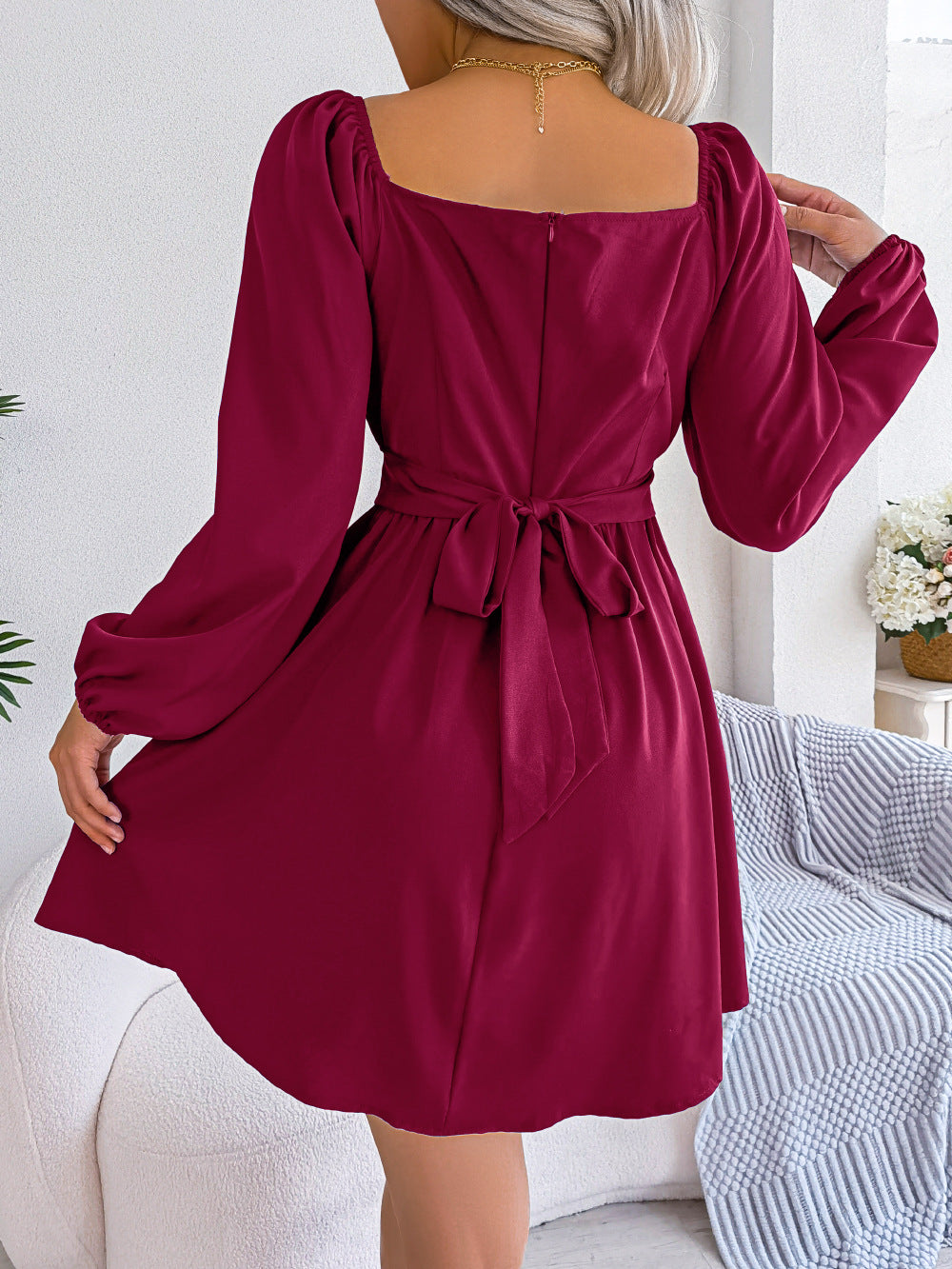 LADIES LONG SLEEVE DRESS WHITE / WINE RED / BLUE (SIZE S - XL)