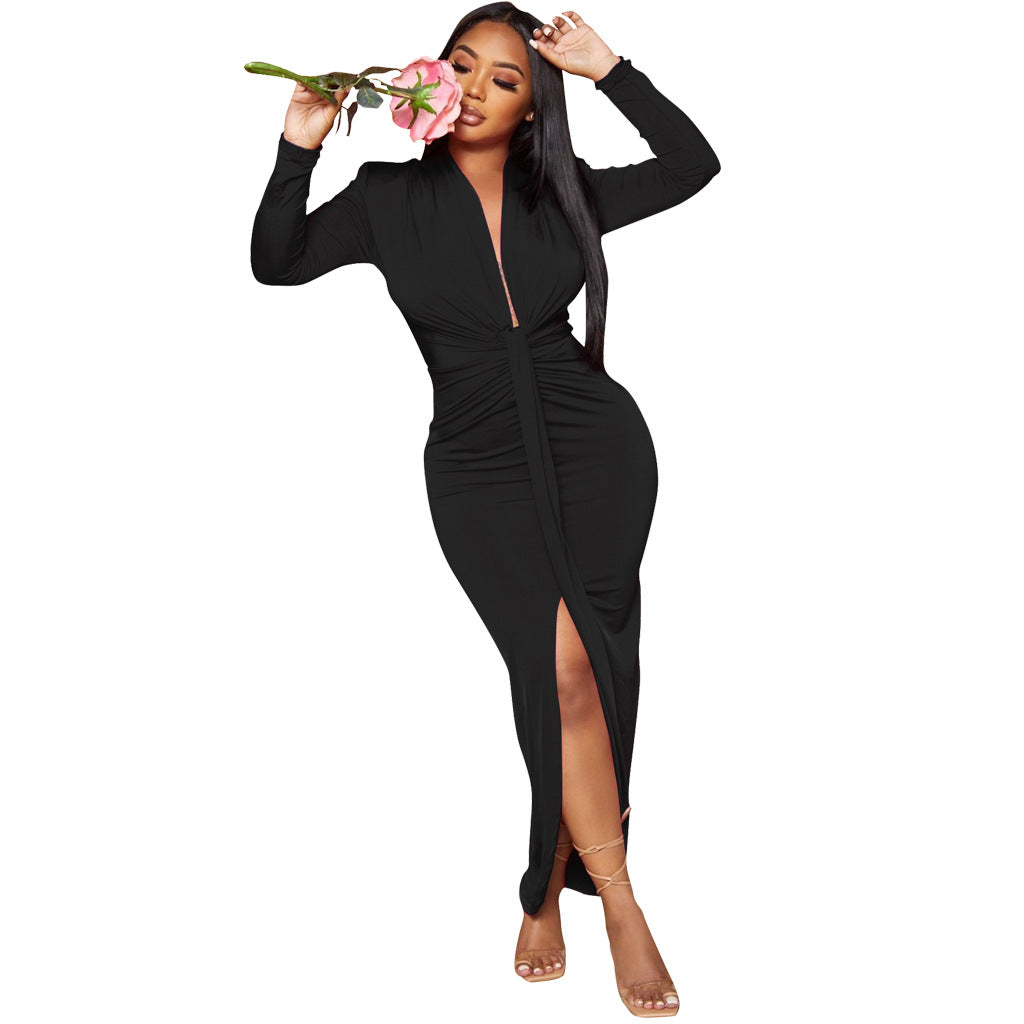 LADIES LONG SLEEVE DRESS WITH SLIT 5 COLOURS (SIZE S - 2XL)