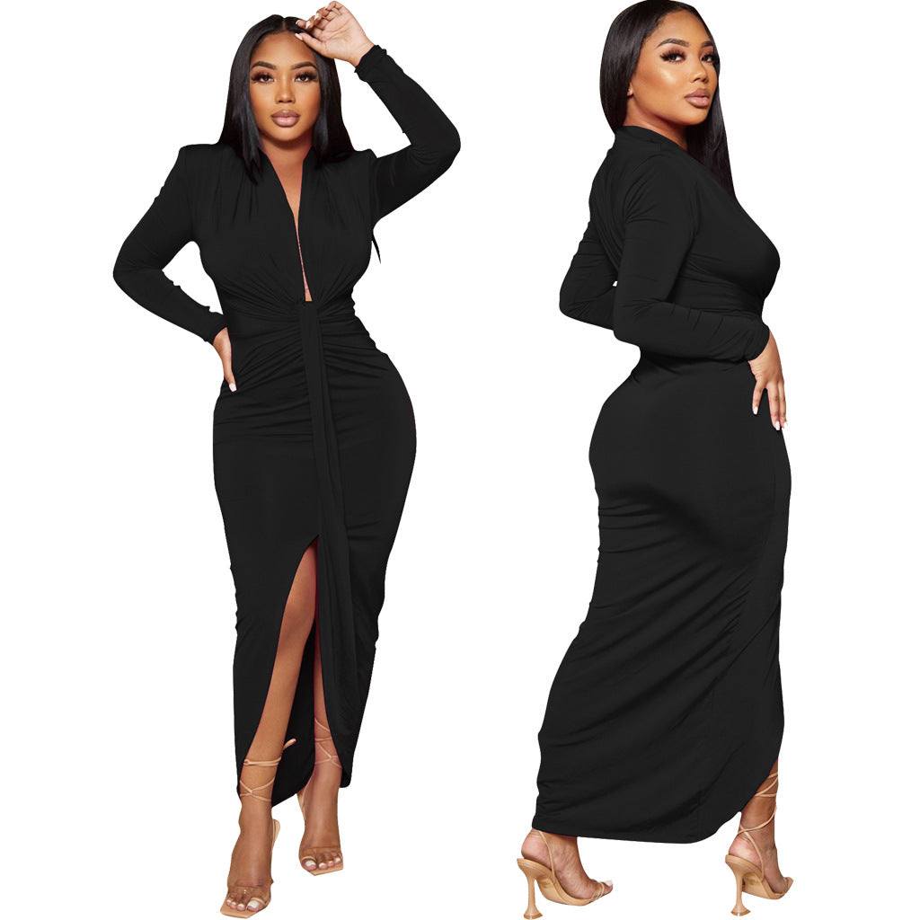 LADIES LONG SLEEVE DRESS WITH SLIT 5 COLOURS (SIZE S - 2XL)