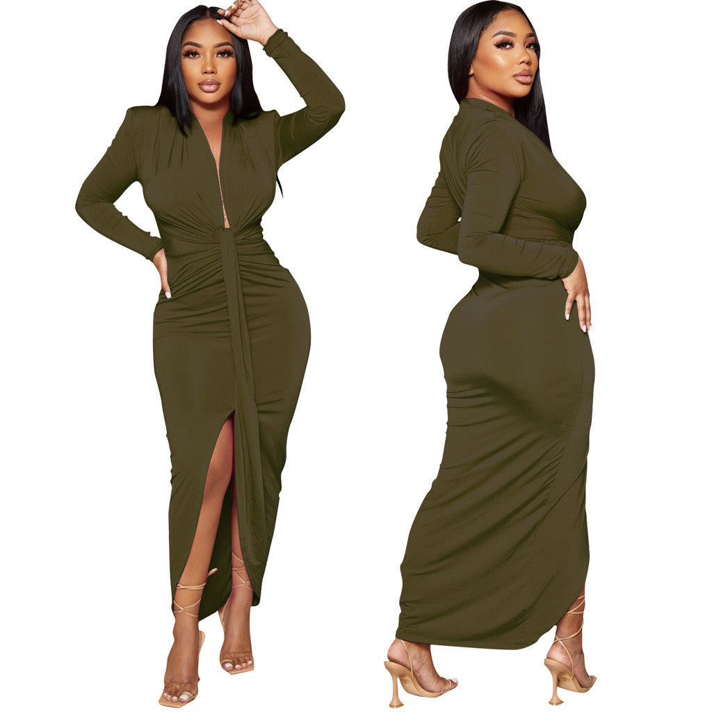 LADIES LONG SLEEVE DRESS WITH SLIT 5 COLOURS (SIZE S - 2XL)