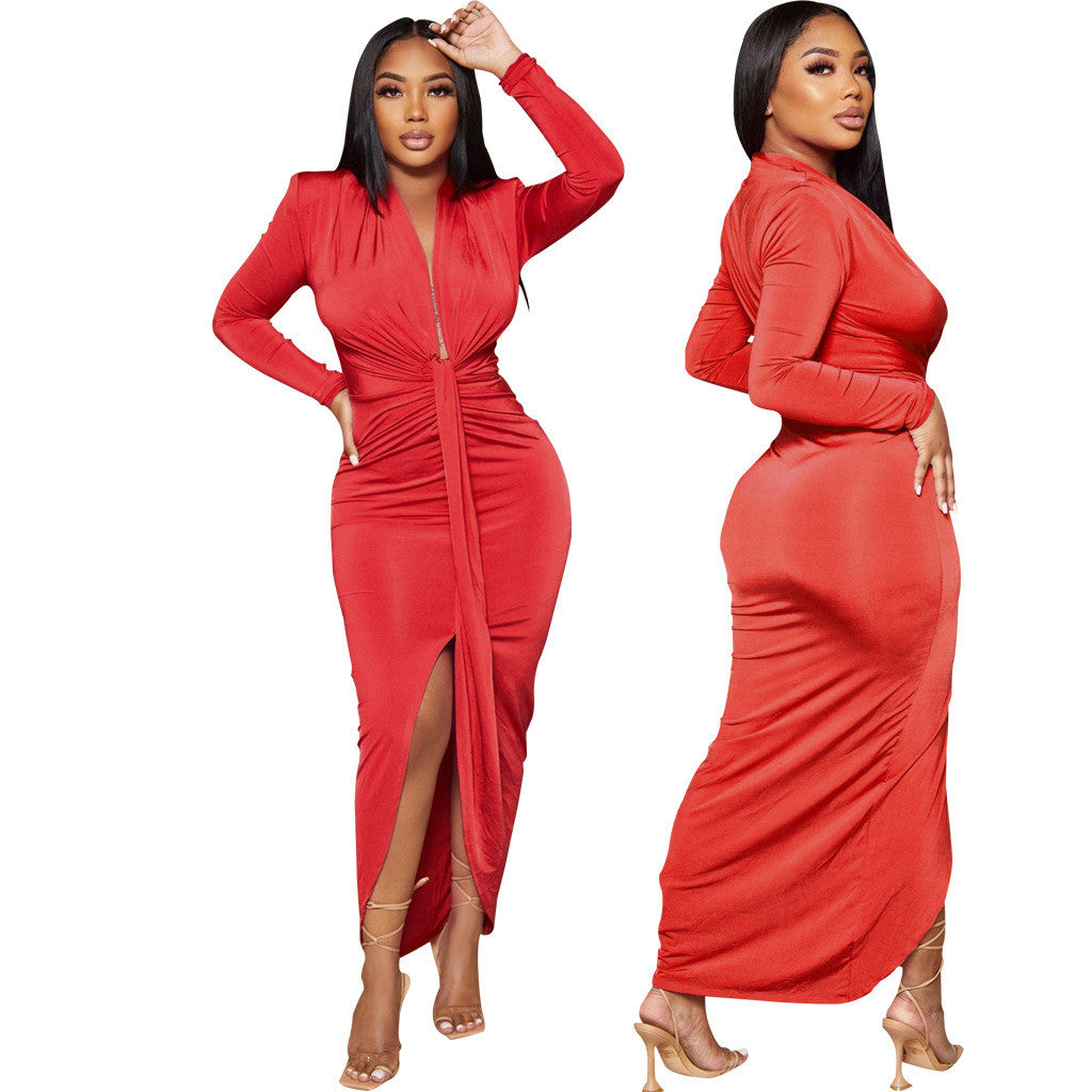 LADIES LONG SLEEVE DRESS WITH SLIT 5 COLOURS (SIZE S - 2XL)