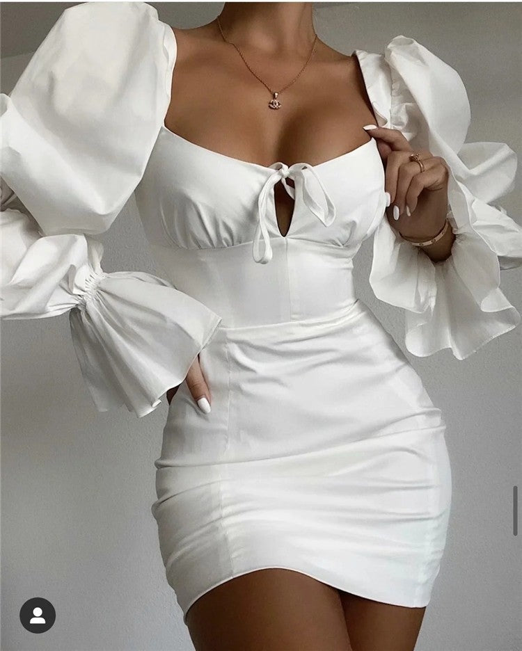 LADIES PUFF SLEEVE MINI DRESS BLACK / RED / YELLOW-GREEN / WHITE (SIZE XS - XL)