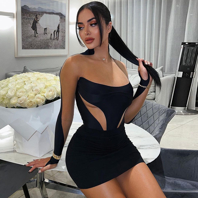 LADIES SEXY MESH SLEEVE DRESS BLACK (SIZE S - L)