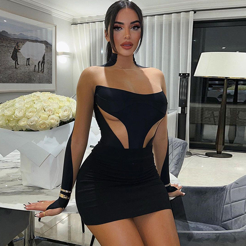 LADIES SEXY MESH SLEEVE DRESS BLACK (SIZE S - L)