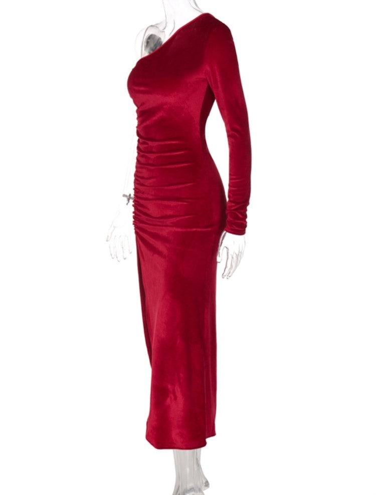 LADIES ONE SLEEVE DRESS RED / BLUE / GREEN (SIZE S - L)