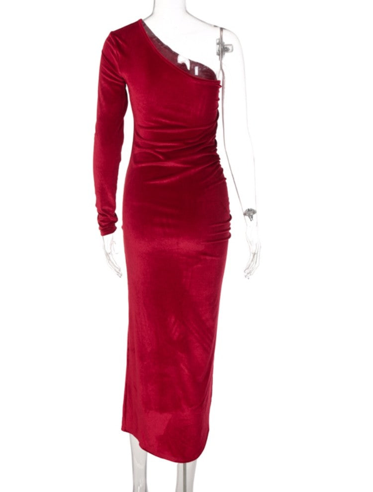 LADIES ONE SLEEVE DRESS RED / BLUE / GREEN (SIZE S - L)