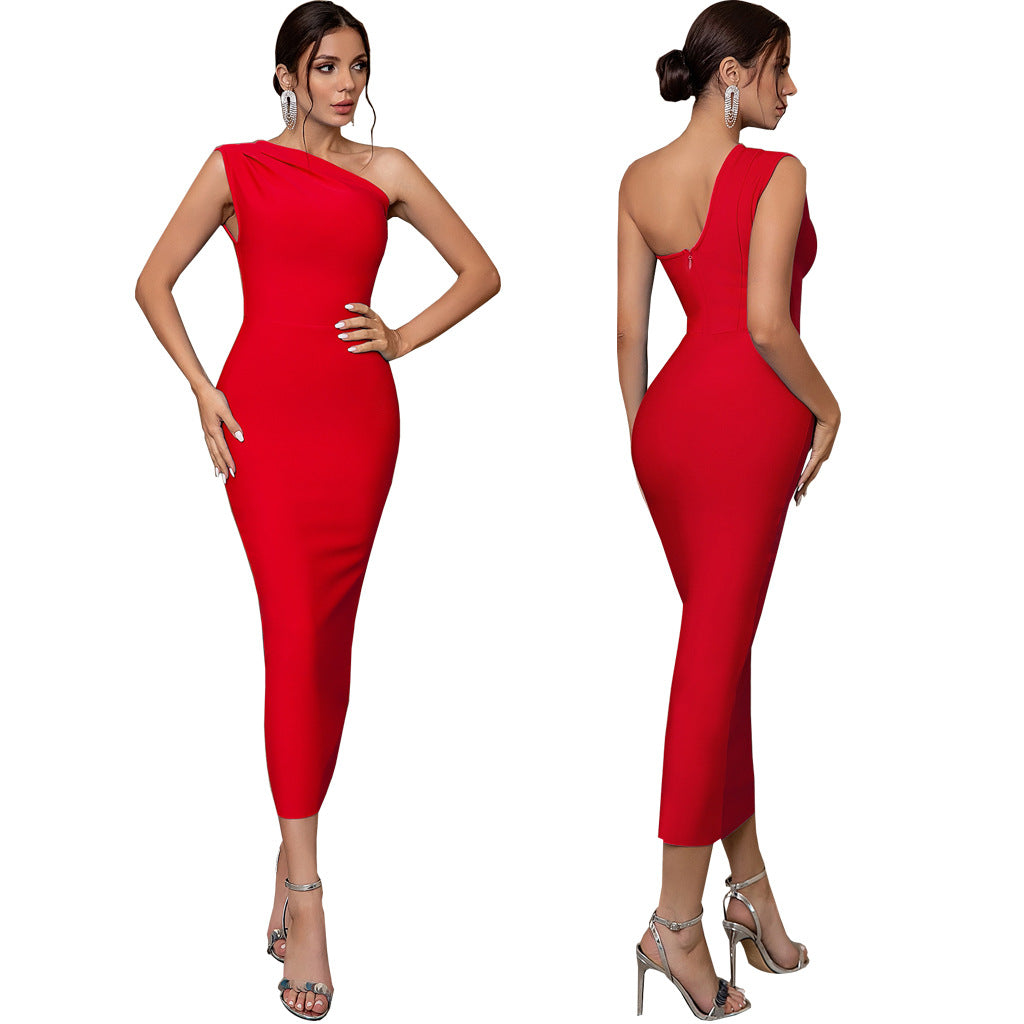 LADIES ONE SLEEVE DRESS BLACK / BLUE / RED (SIZE S - 2XL)