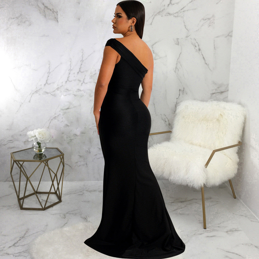 LADIES ONE SHOULDER DRESS BLACK / WINE RED / DARK GREEN (SIZE S - 2XL)