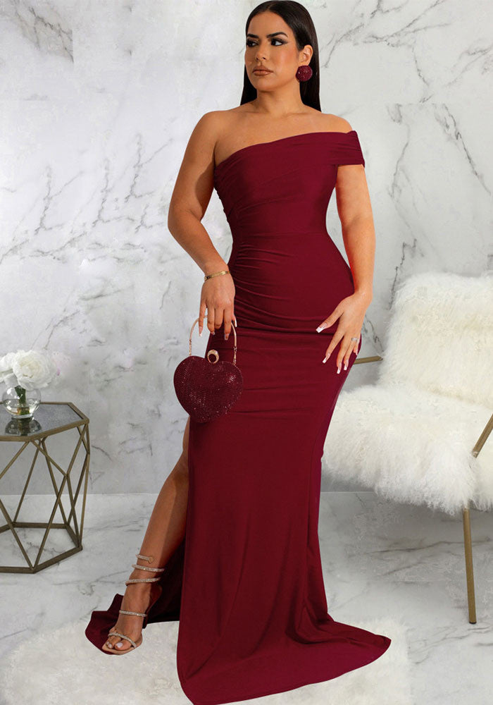 LADIES ONE SHOULDER DRESS BLACK / WINE RED / DARK GREEN (SIZE S - 2XL)