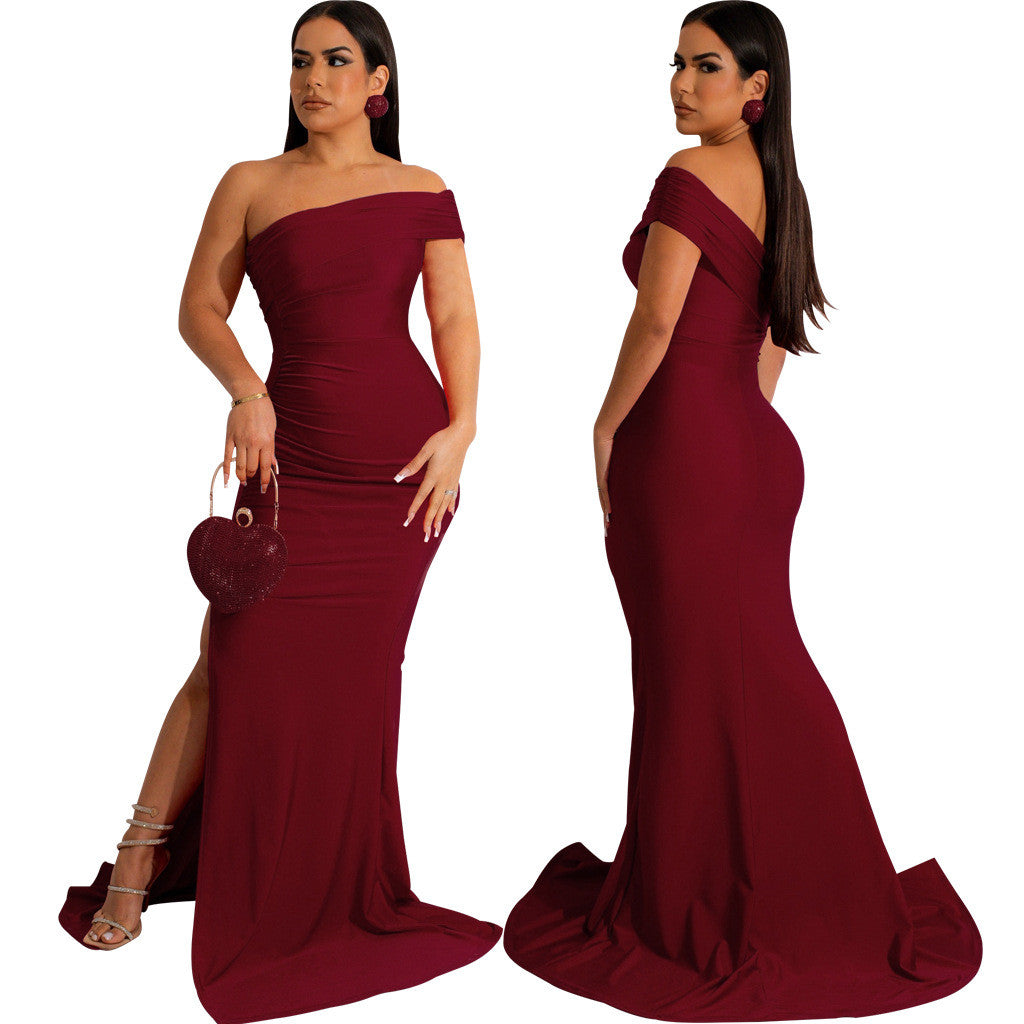 LADIES ONE SHOULDER DRESS BLACK / WINE RED / DARK GREEN (SIZE S - 2XL)