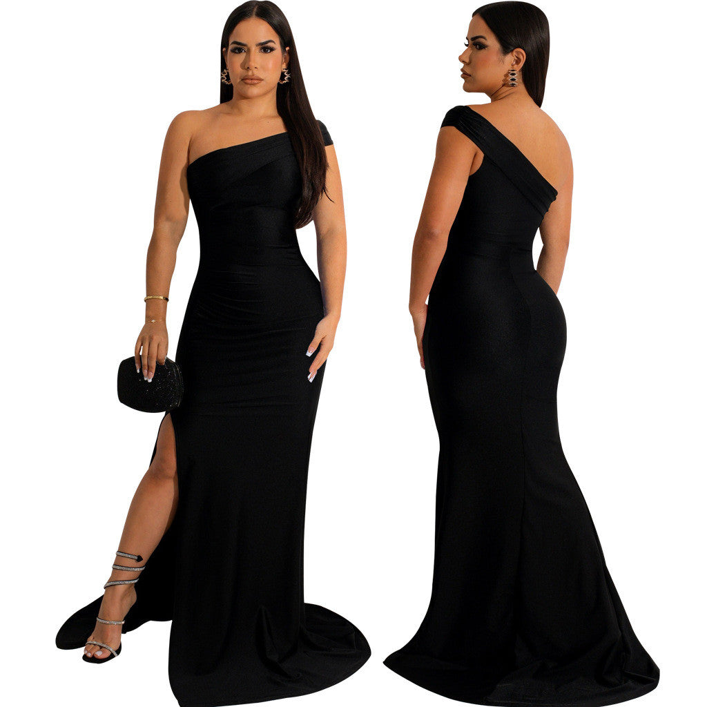 LADIES ONE SHOULDER DRESS BLACK / WINE RED / DARK GREEN (SIZE S - 2XL)