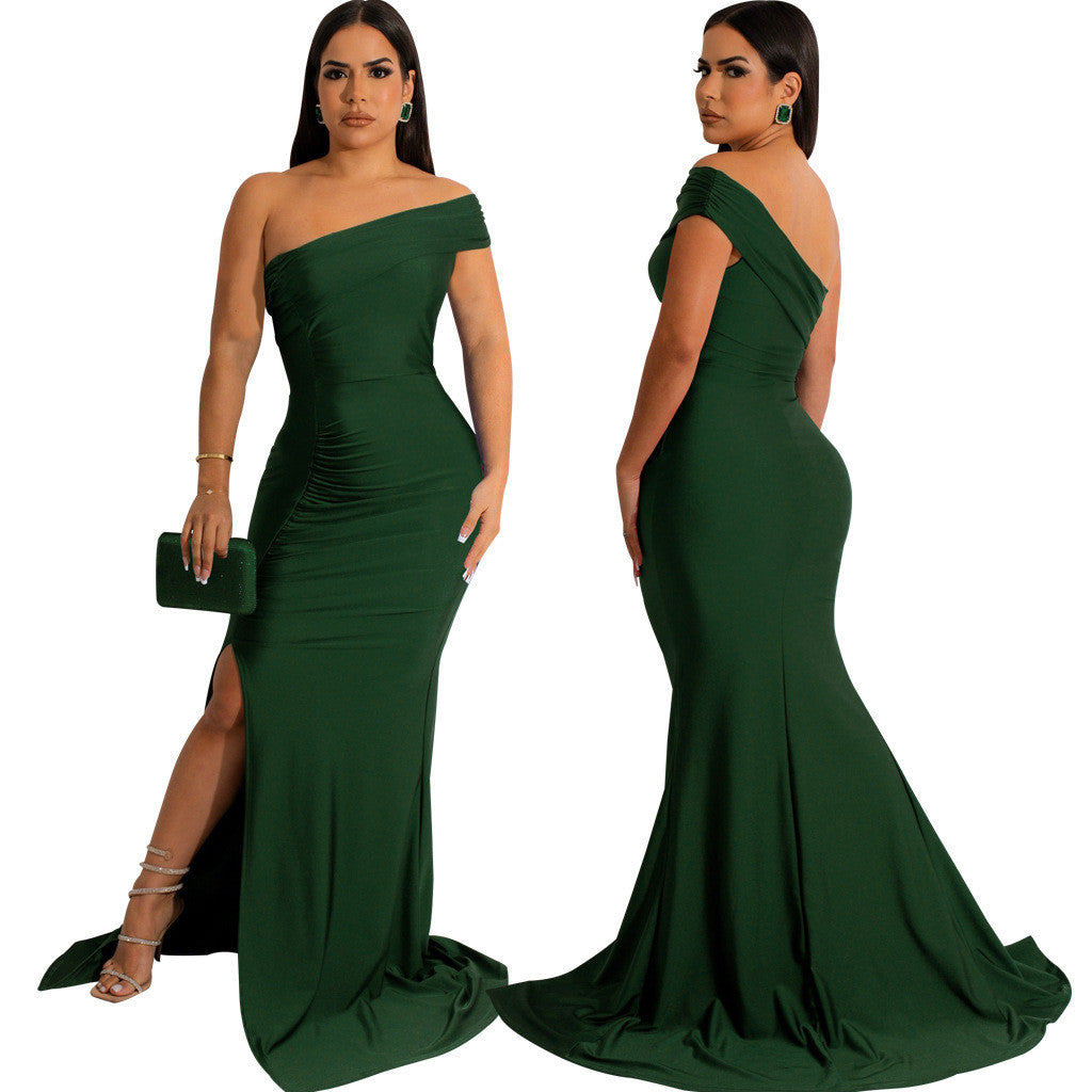 LADIES ONE SHOULDER DRESS BLACK / WINE RED / DARK GREEN (SIZE S - 2XL)