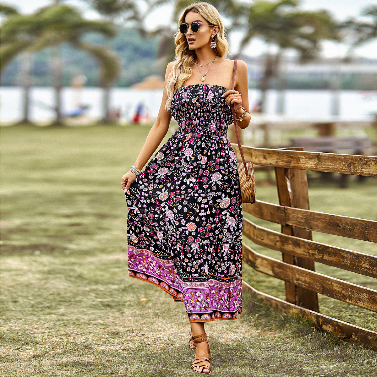 LADIES STRAPLESS DRESS DARK BLUE / PINK / BLACK / LIGHT GREEN (SIZE S - XL)