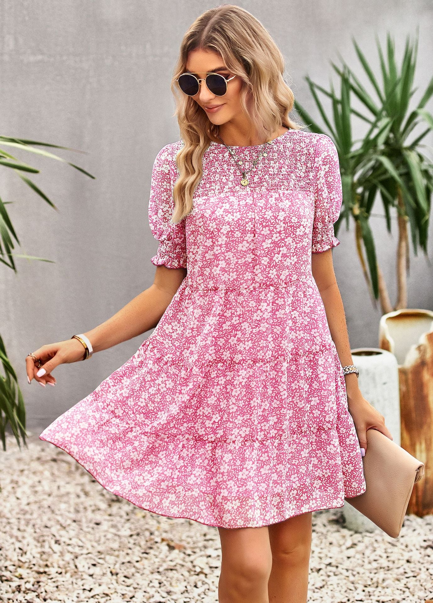 LADIES SHORT SLEEVE DRESS PINK / BLACK / YELLOW / BLUE (SIZE S - XL)