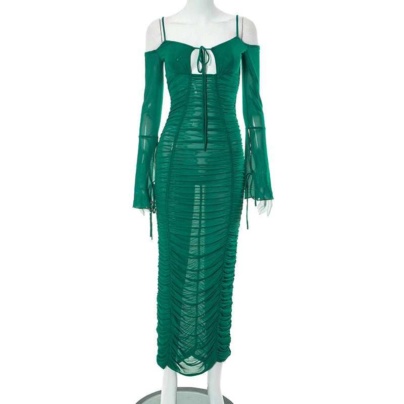 LADIES LACE UP LONG SLEEVE DRESS GREEN / BLACK (SIZE S - L)