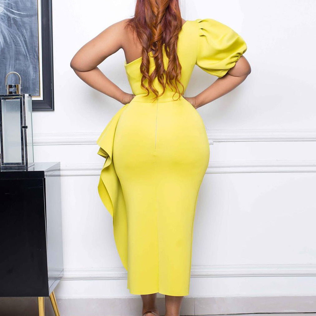 LADIES ONE SHOULDER DRESS WHITE / YELLOW / RED / PINK (SIZE S - 3XL)