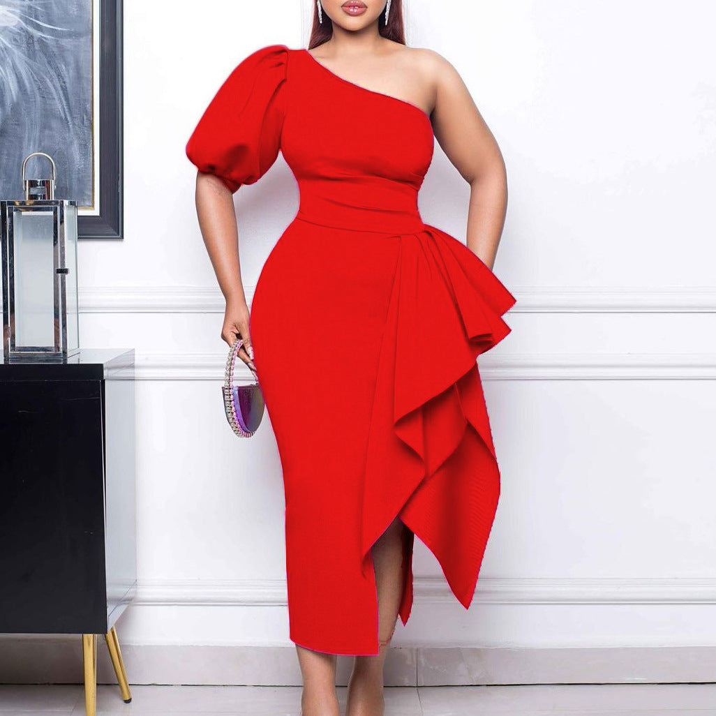 LADIES ONE SHOULDER DRESS WHITE / YELLOW / RED / PINK (SIZE S - 3XL)