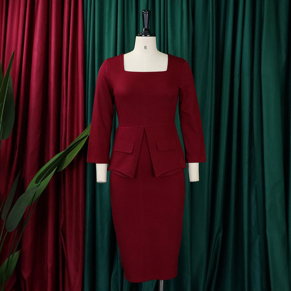 LADIES OFFICE DRESS WINE RED / BLUE / PINK / GREEN (SIZE S - 3XL)