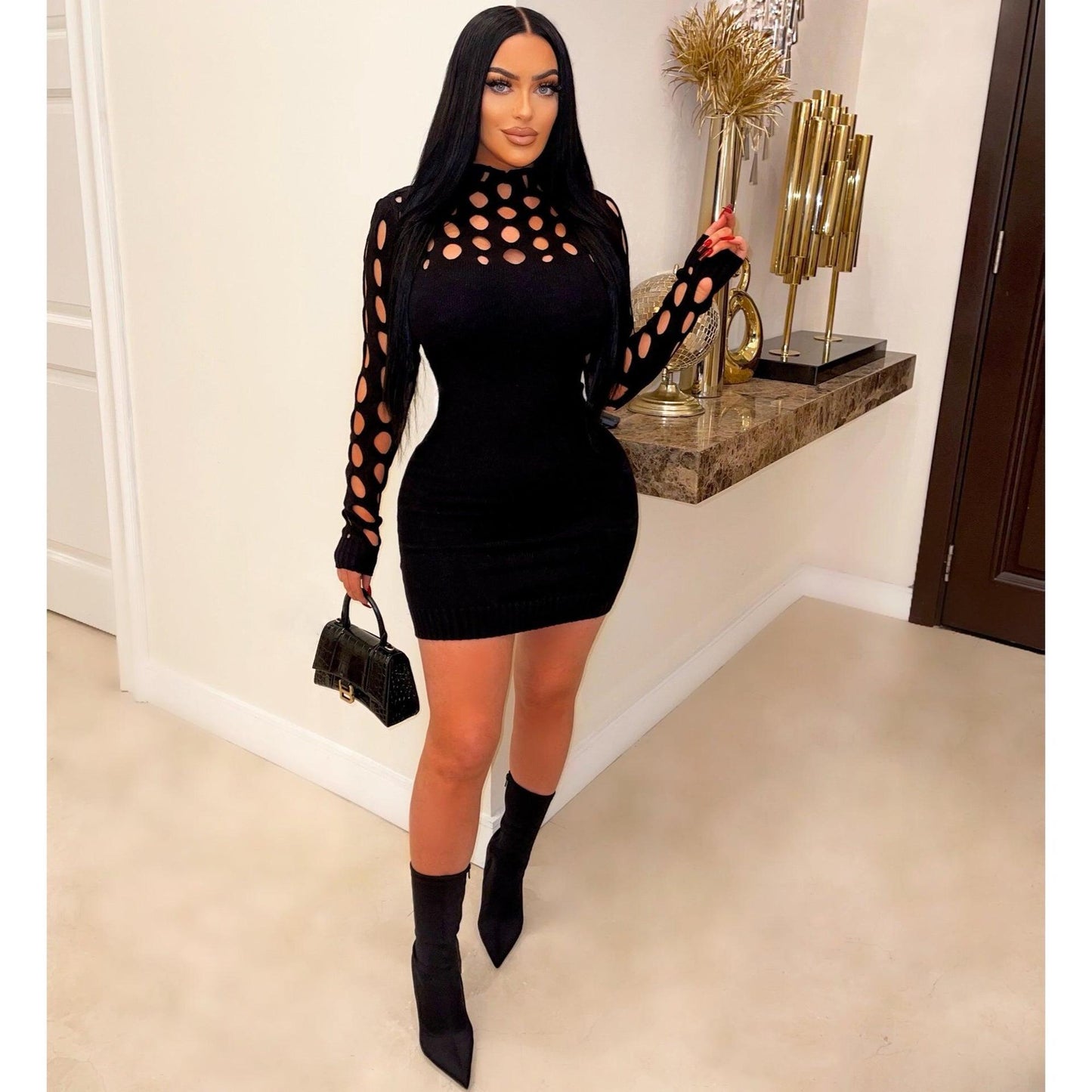 LADIES LONG SLEEVE DRESS WHITE / BLACK / PURPLE (SIZE S - XL)