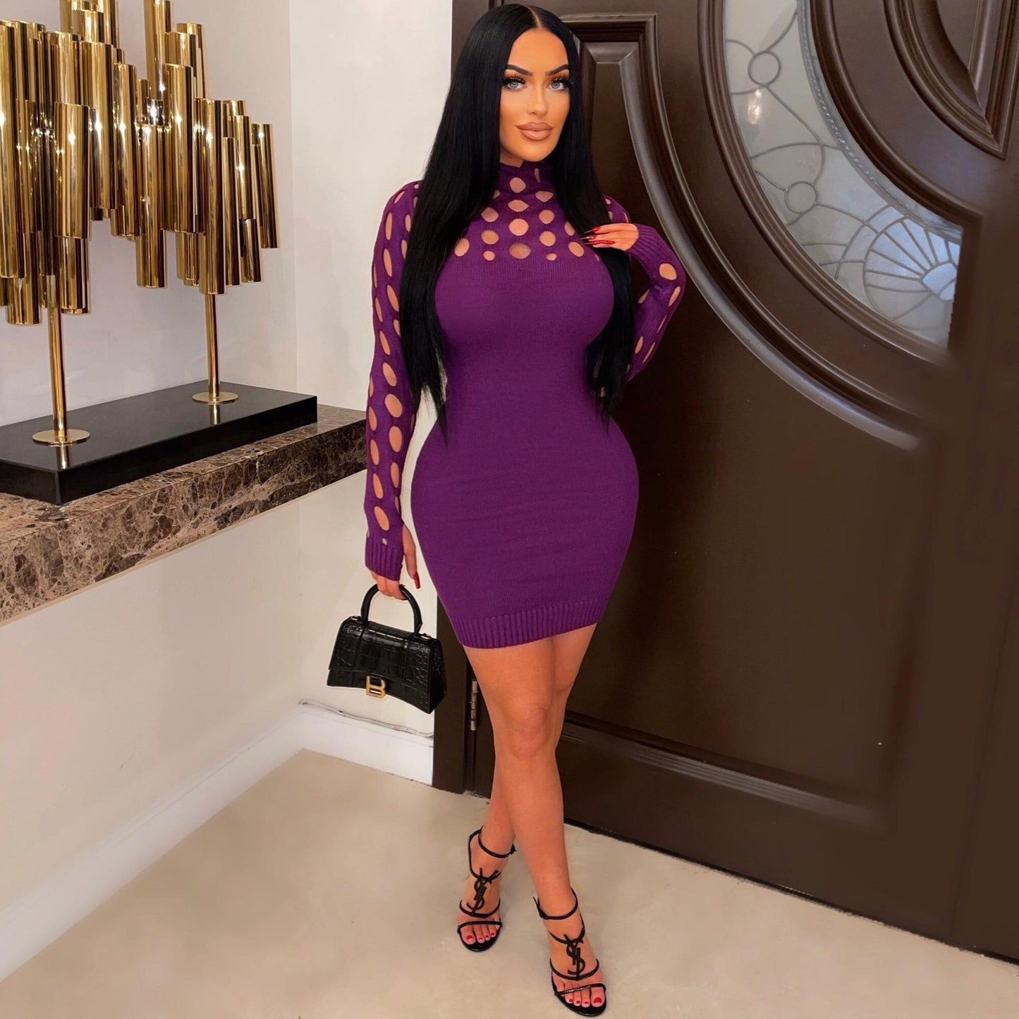 LADIES LONG SLEEVE DRESS WHITE / BLACK / PURPLE (SIZE S - XL)