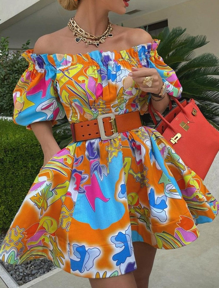 LADIES OFF THE SHOULDER DRESS YELLOW / PURPLE / ORANGE (SIZE S / M / L / XL