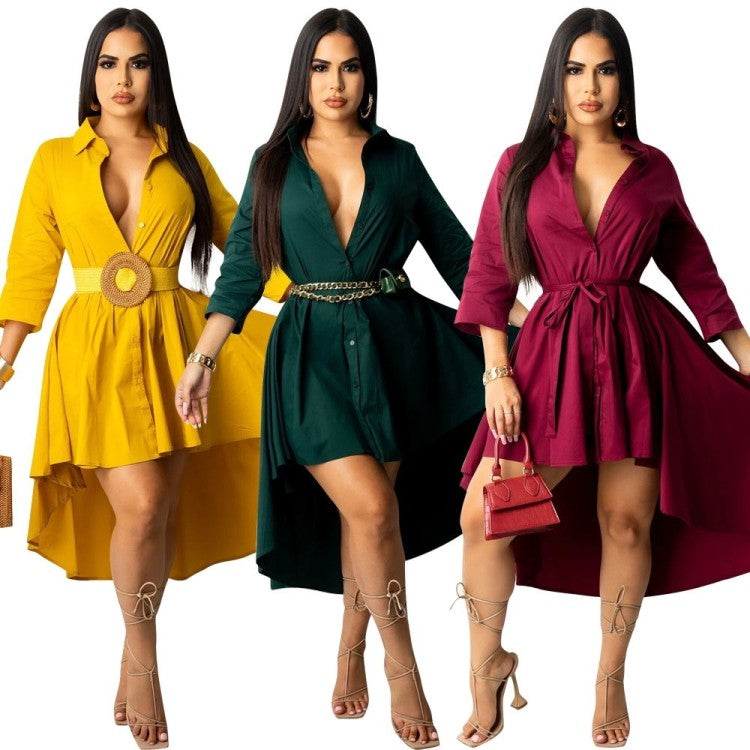 LADIES LONG SLEEVE DRESS YELLOW / WINE RED (SIZE S - 2XL)