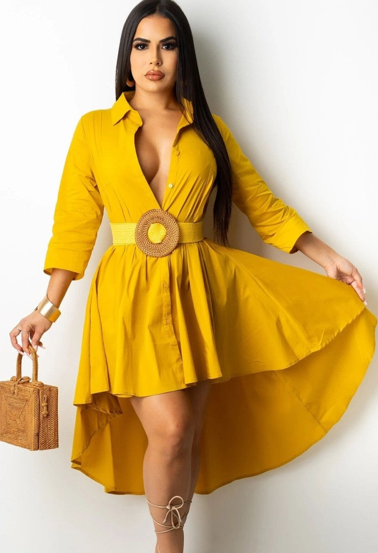 LADIES LONG SLEEVE DRESS YELLOW / WINE RED (SIZE S - 2XL)